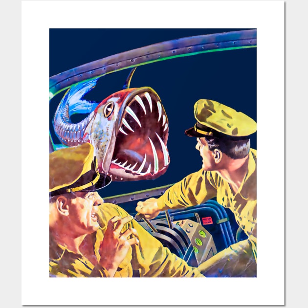 Terrifying Encounter: Two Sailors Confronted by Aquatic Monster in the Deep Ocean Depths Within Retro Vintage Submarine Wall Art by REVISTANGO